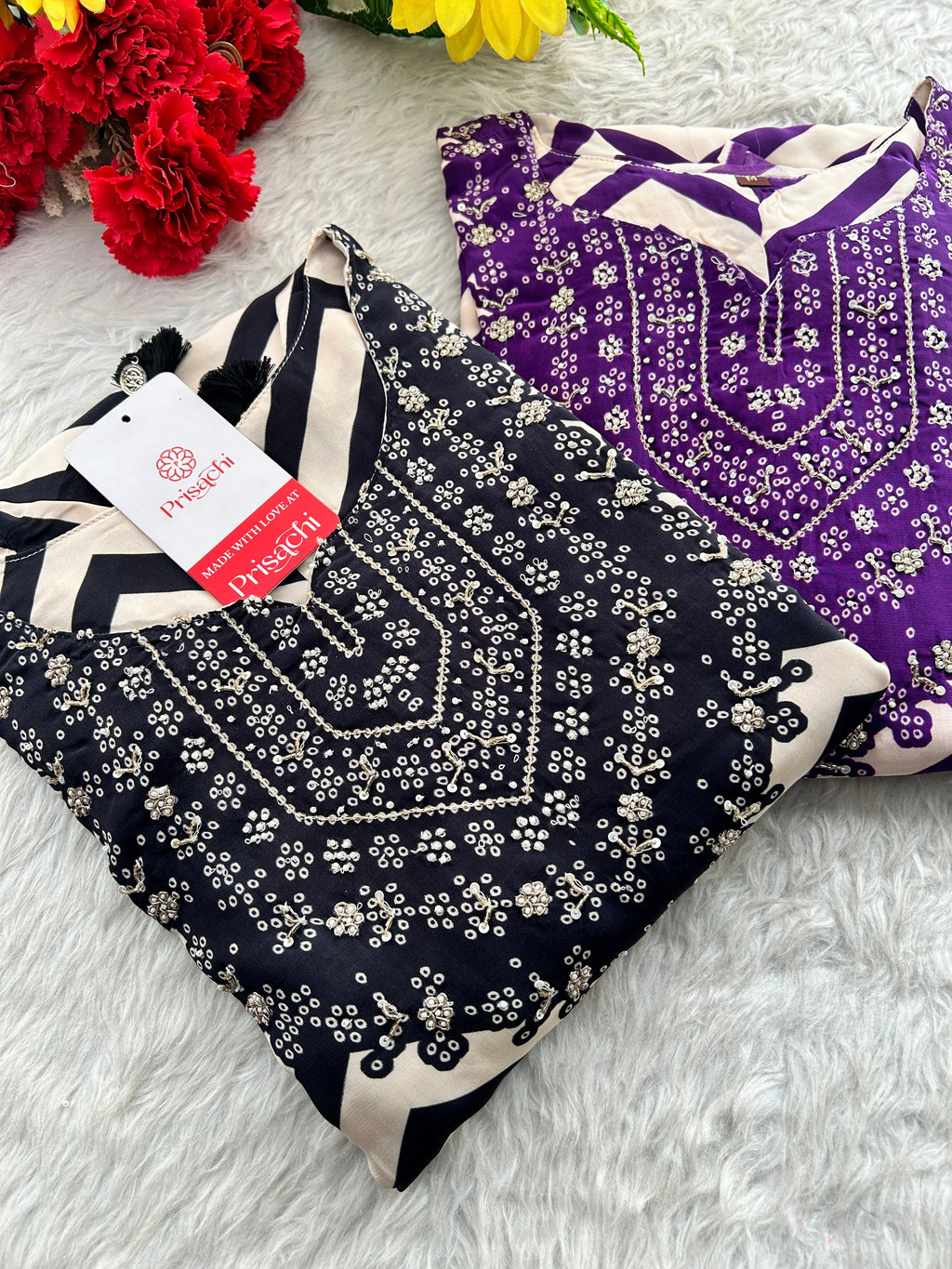 Purple Chevron Print Kurta Set with Pants & Dupatta| Embroidered Yoke Ethnic Office & Festive Wear