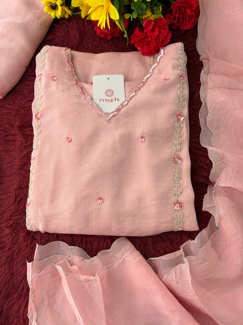 Baby Pink Embroidered A-Line Ethnic Kurta Set with Dupatta & Pants | Festive & Traditional Wear