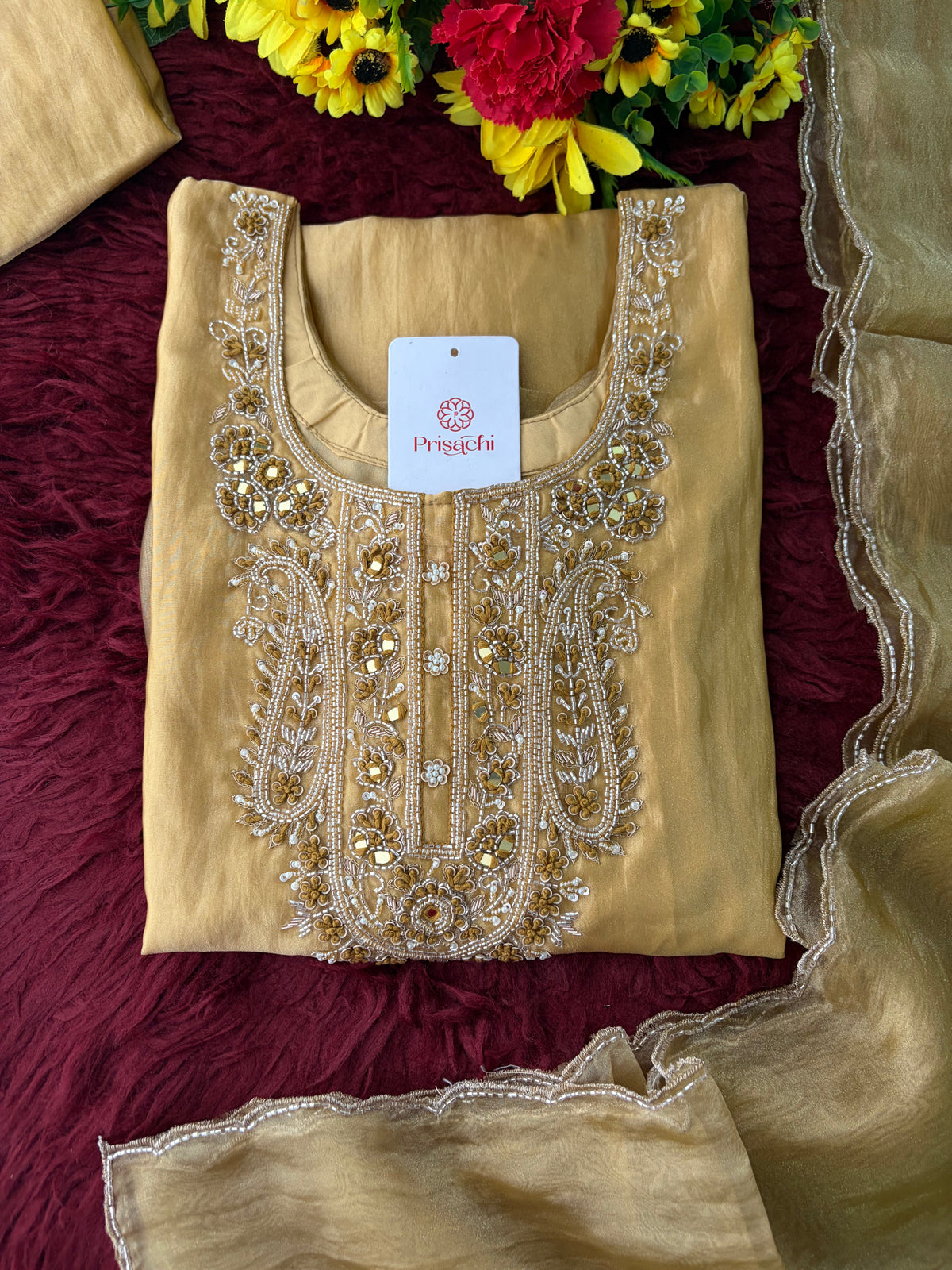 Yellow Zardozi Embroidered Ethnic Kurta Set for Women with Pants & Dupatta | Festive and Party Wear