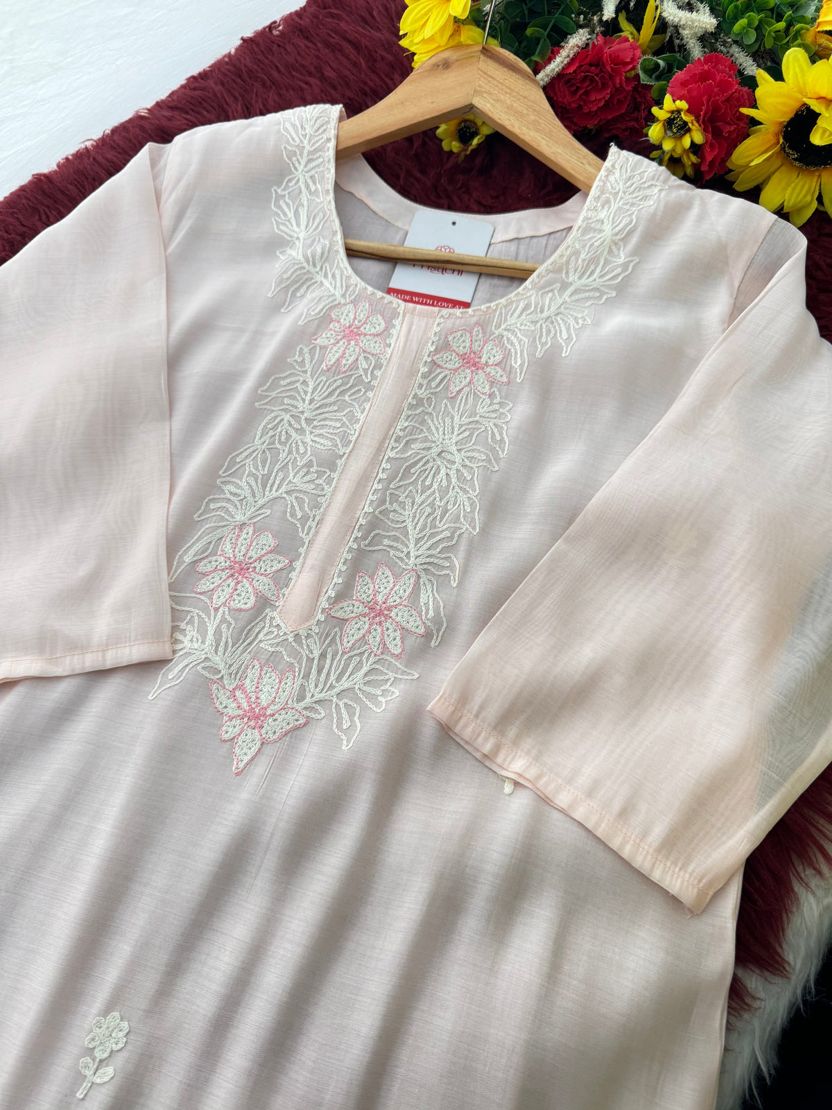 Pink Floral Thread Embroidered Ethnic Kurta Set with Pants and Dupatta | Traditional, Casual & Office Wear