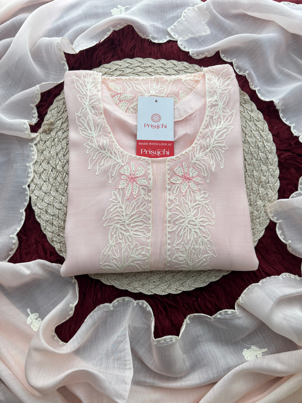Pink Floral Thread Embroidered Ethnic Kurta Set with Pants and Dupatta | Traditional, Casual & Office Wear