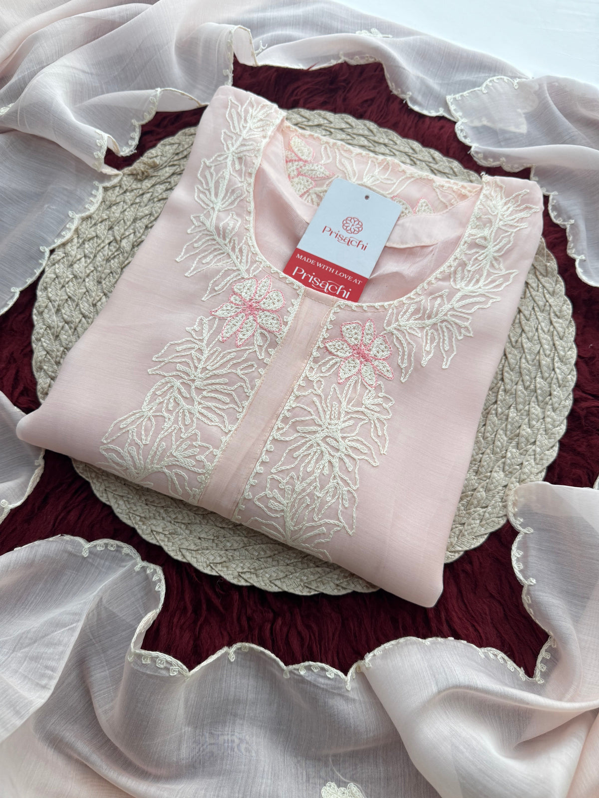 Pink Floral Thread Embroidered Ethnic Kurta Set with Pants and Dupatta | Traditional, Casual & Office Wear