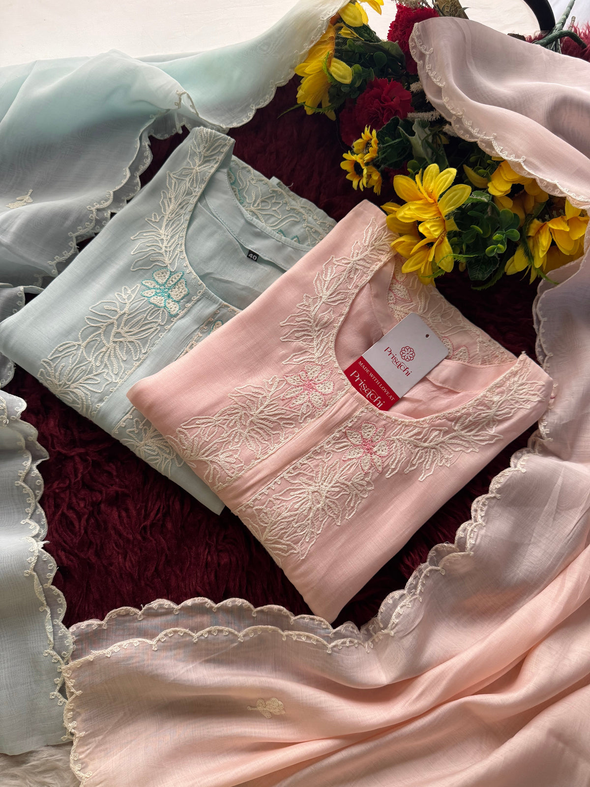 Pink Floral Thread Embroidered Ethnic Kurta Set with Pants and Dupatta | Traditional, Casual & Office Wear