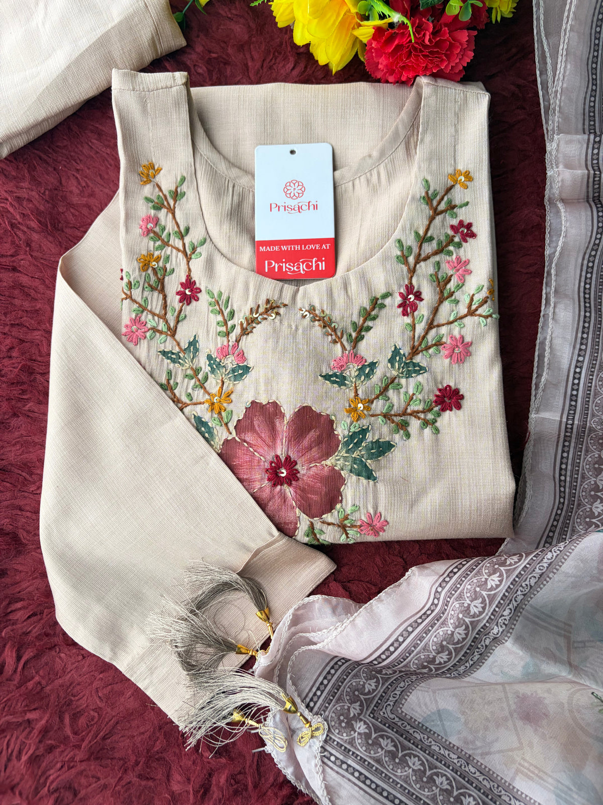 Beige Floral Multicolor Thread Embroidered Kurta for Women with Round Neck  Ethnic Wear for Festive & Party Wear
