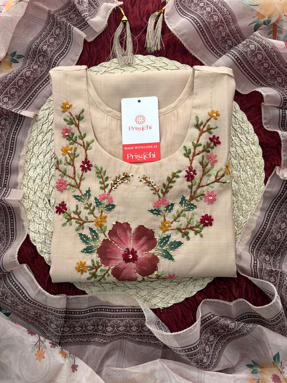 Beige Floral Multicolor Thread Embroidered Kurta for Women with Round Neck  Ethnic Wear for Festive & Party Wear