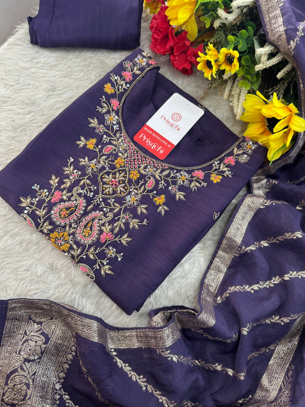 Deep Purple Designer Ethnic Embroidered Kurta Set with Banarasi Dupatta & Pants | Traditional Festive Wear