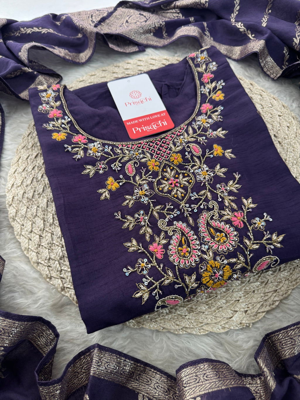 Deep Purple Designer Ethnic Embroidered Kurta Set with Banarasi Dupatta & Pants | Traditional Festive Wear