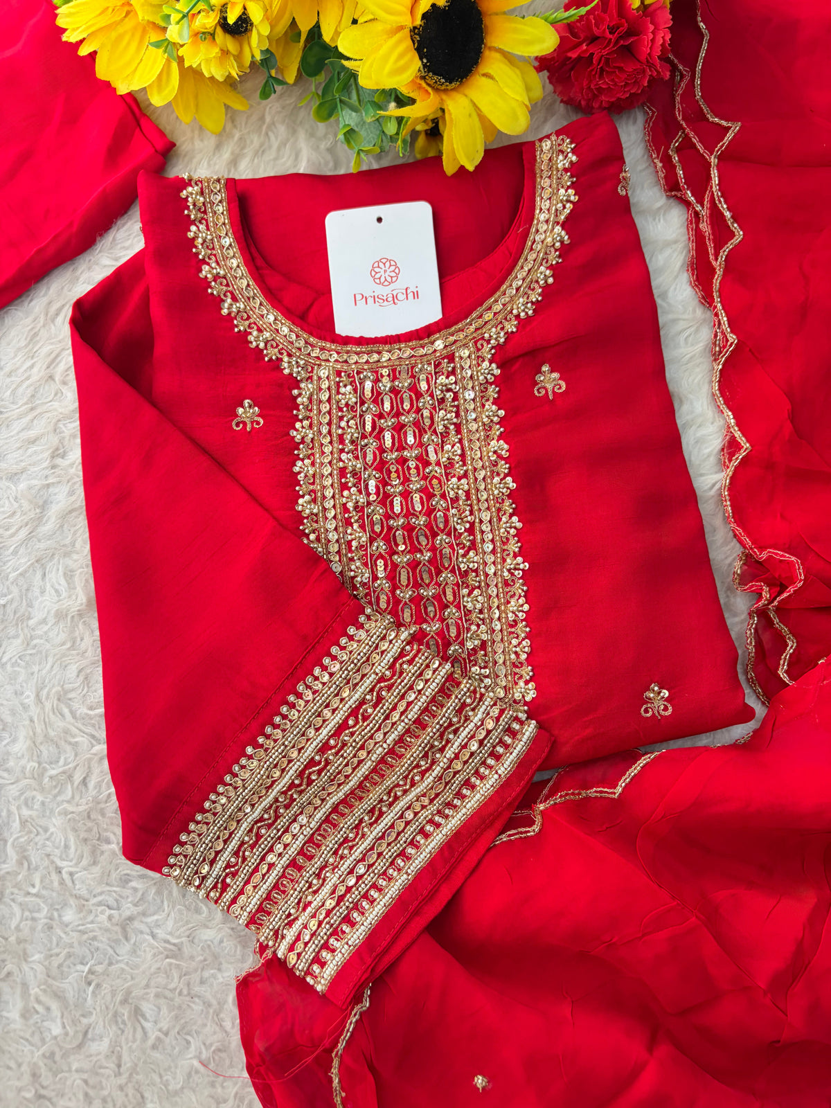 Zardozi Embroidered Kurta Set with Dupatta & Palazzo | Festive & Ethnic Wear