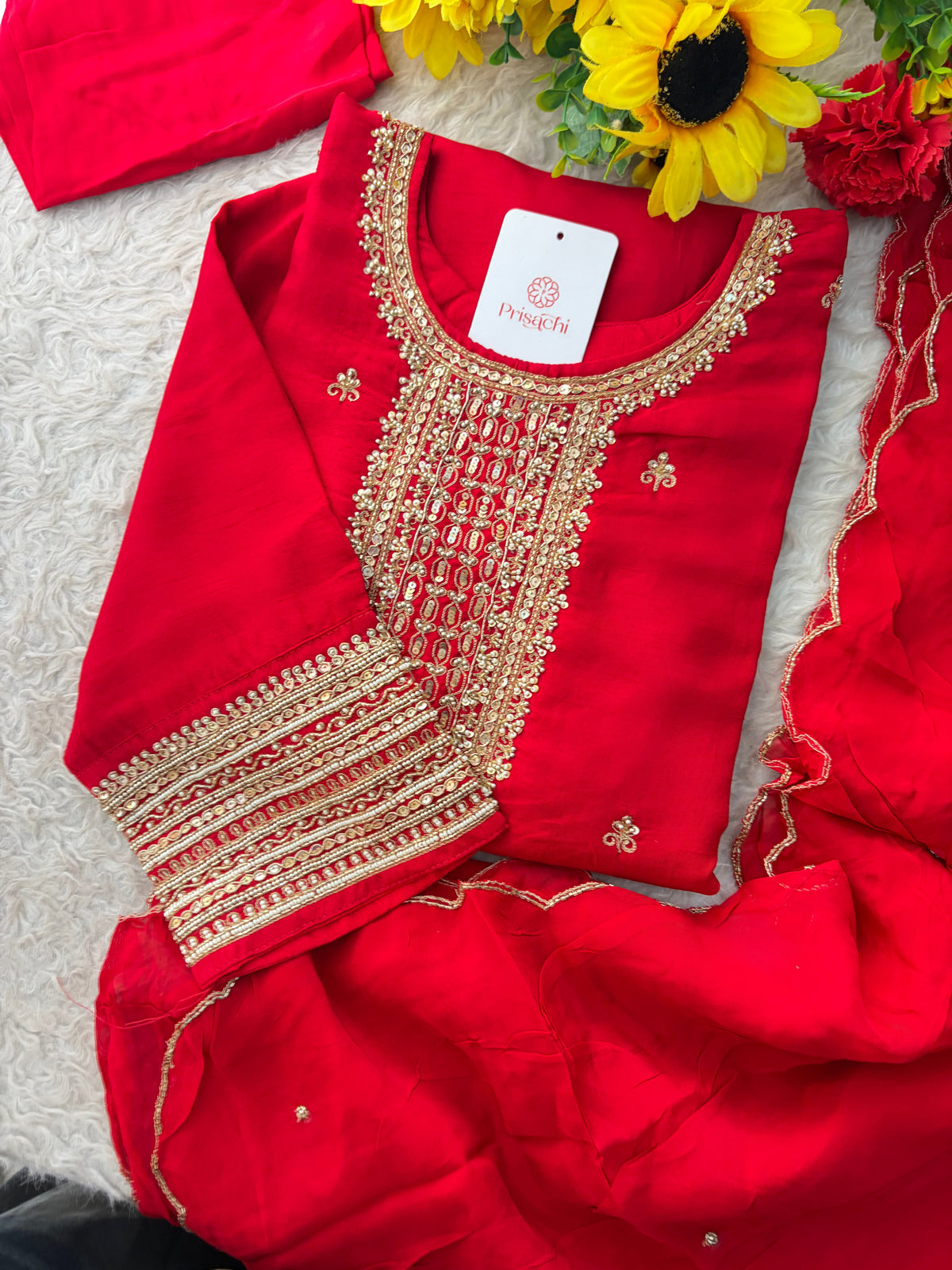 Zardozi Embroidered Kurta Set with Dupatta & Palazzo | Festive & Ethnic Wear