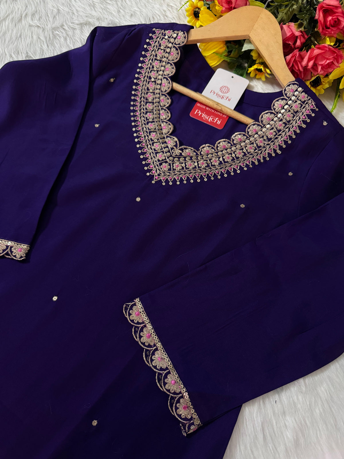 Purple Designer Embroidered Kurta set with dupatta and Pant