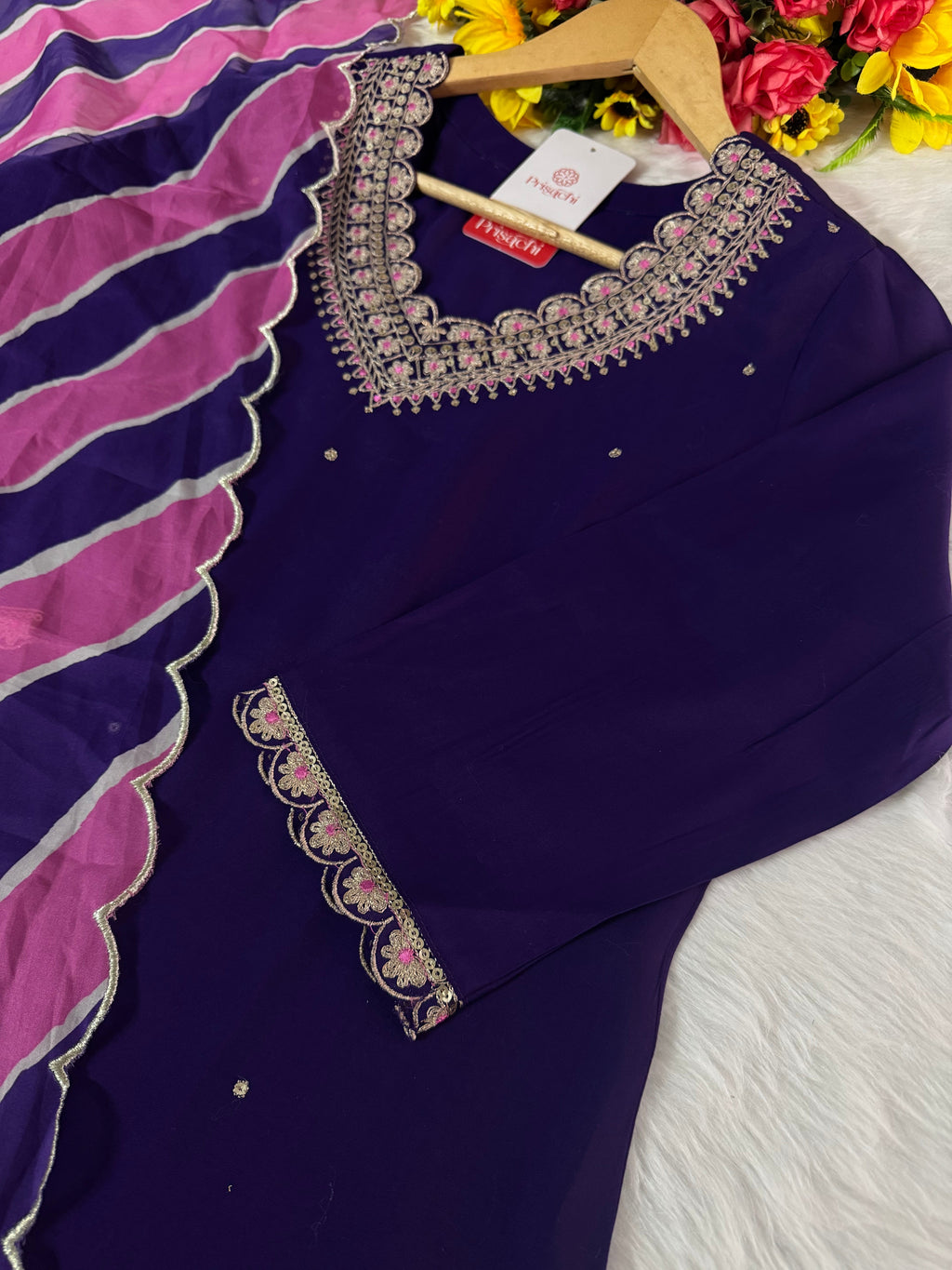 Purple Designer Embroidered Kurta set with dupatta and Pant