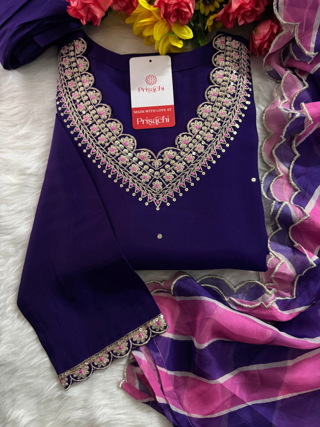 Purple Designer Embroidered Kurta set with dupatta and Pant