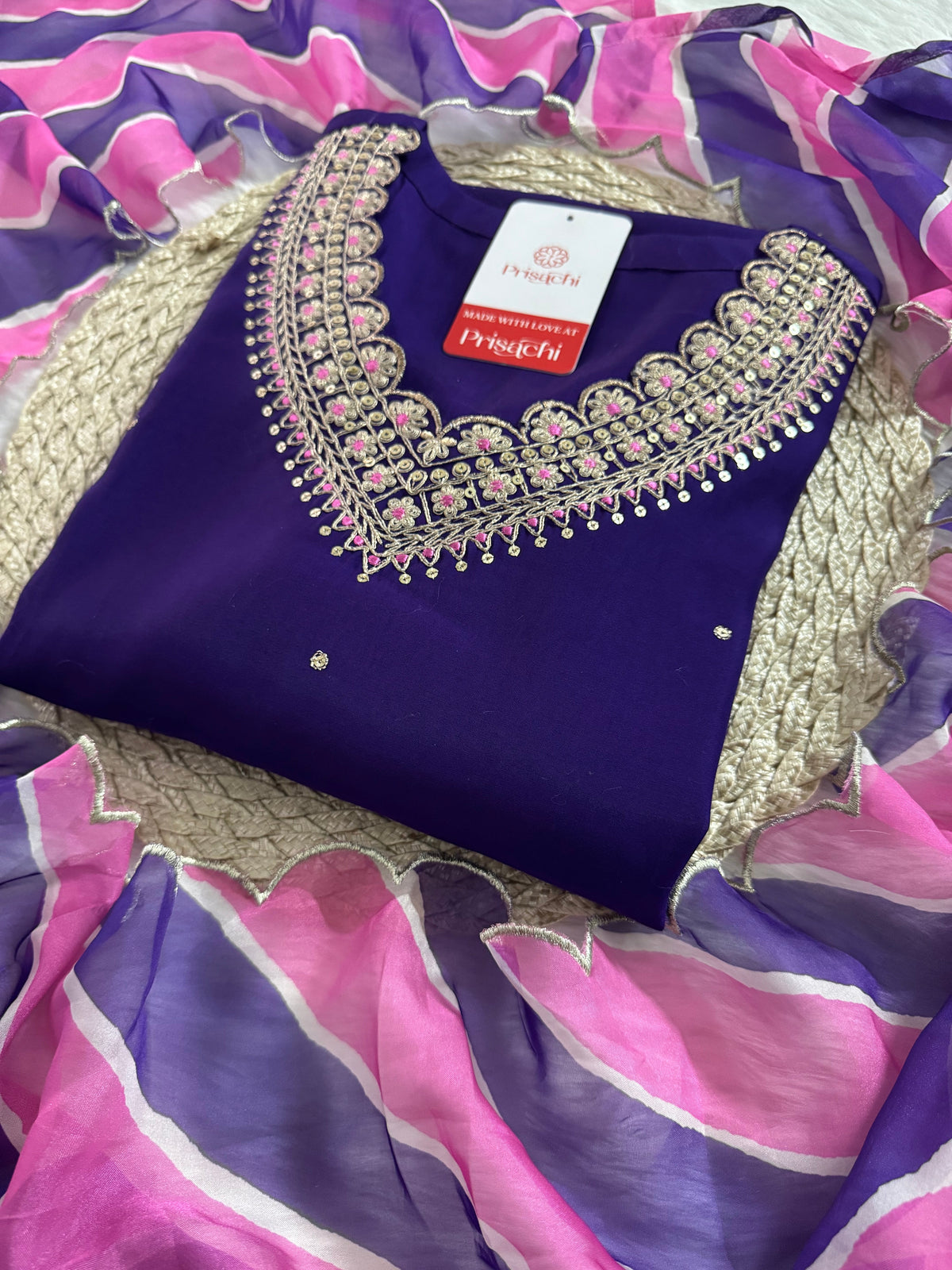 Purple Designer Embroidered Kurta set with dupatta and Pant