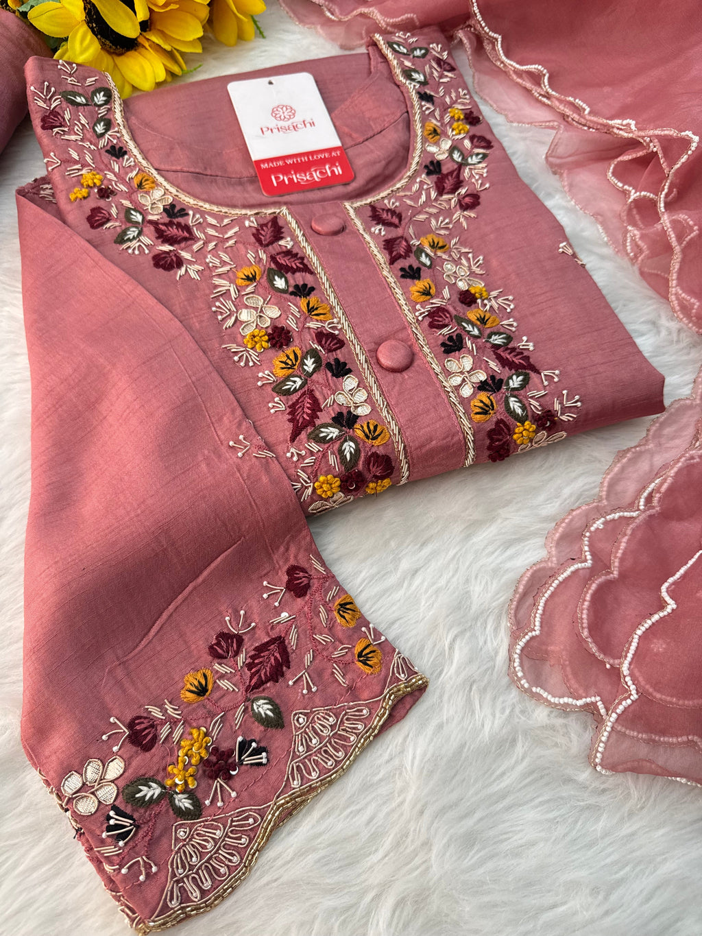 Onion Pink Hand-Embroidered Designer Kurta Set with Pant & Dupatta