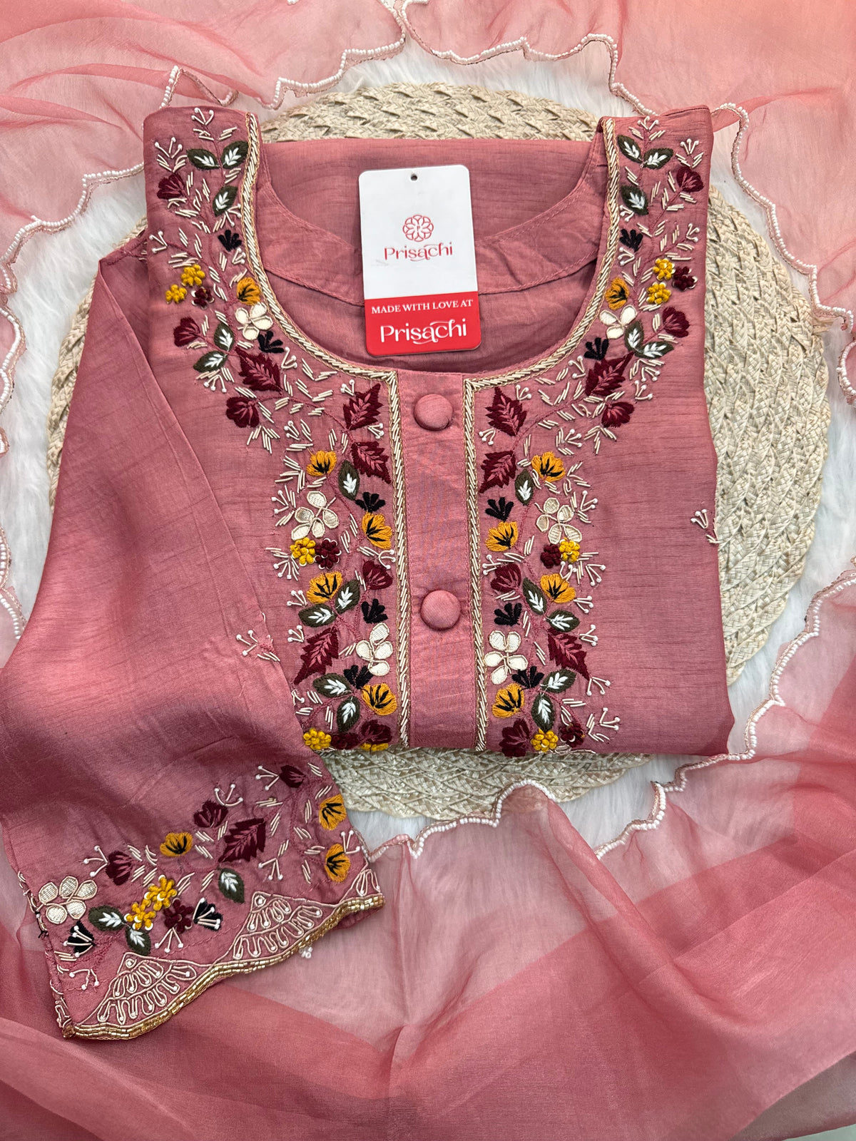 Onion Pink Hand-Embroidered Designer Kurta Set with Pant & Dupatta