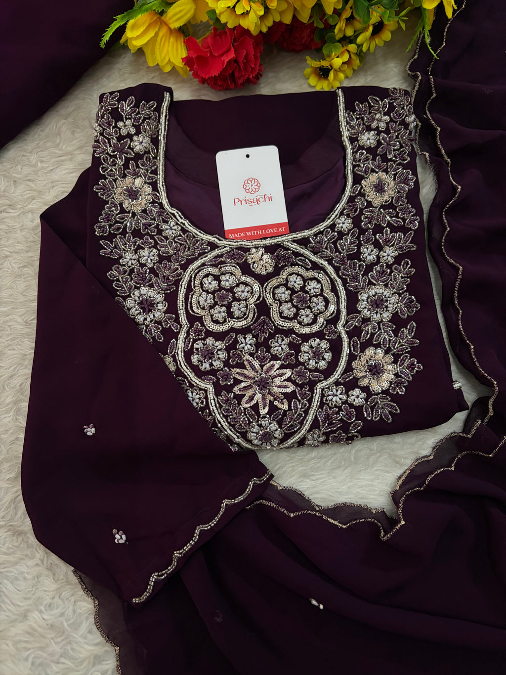 Wine Embroidered Zardozi Kurta Set with Sharara & Dupatta Ethnic Set