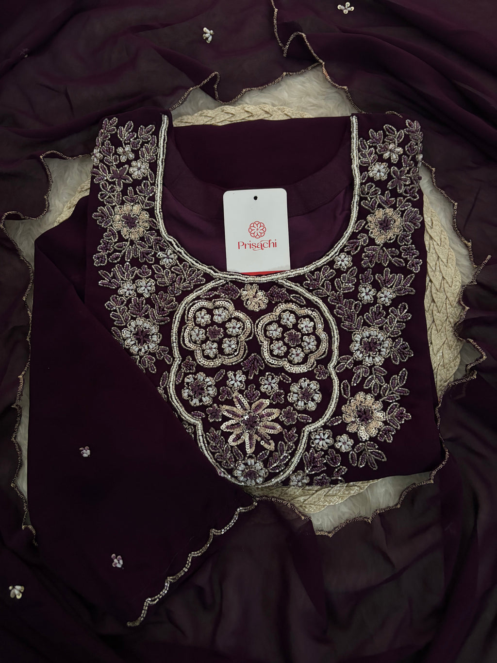 Wine Embroidered Zardozi Kurta Set with Sharara & Dupatta Ethnic Set