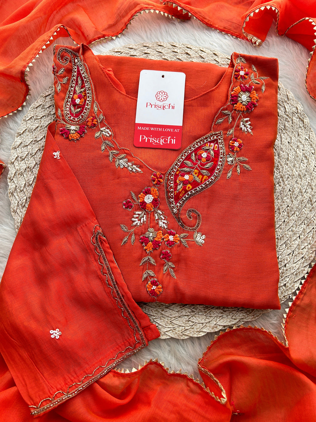 Orange Designer Embroidered A Line kurta set with dupatta and Pant