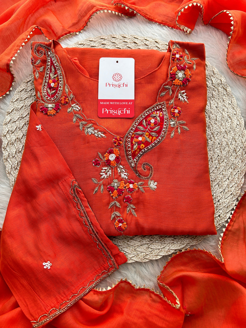 Orange Designer Embroidered A Line kurta set with dupatta and Pant