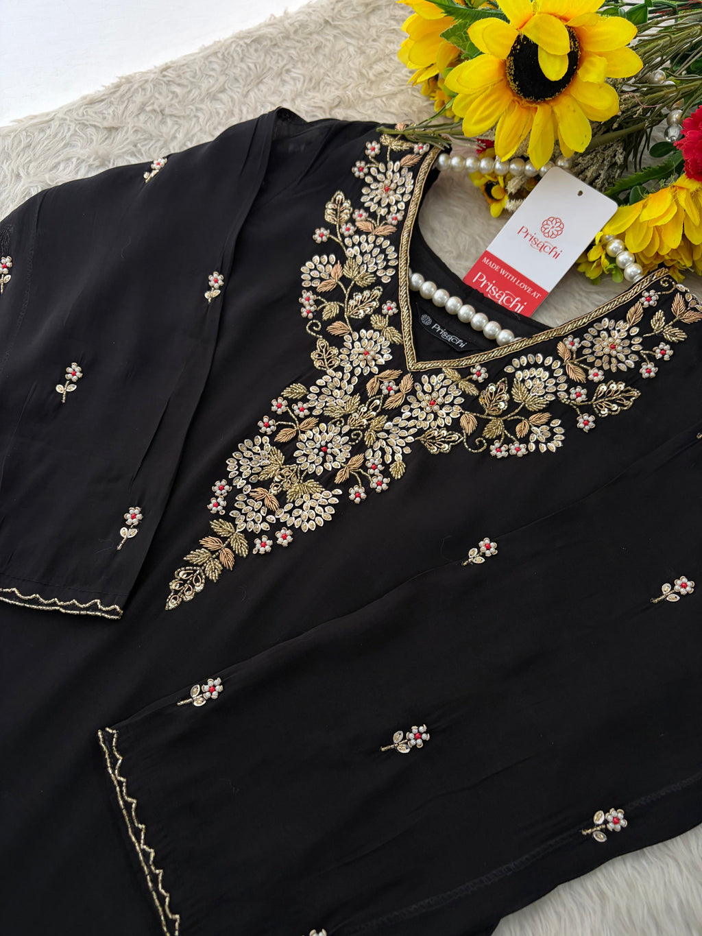 Black Embroidered Kurta Set for Women with Pants & Dupatta | Traditional Festive Wear