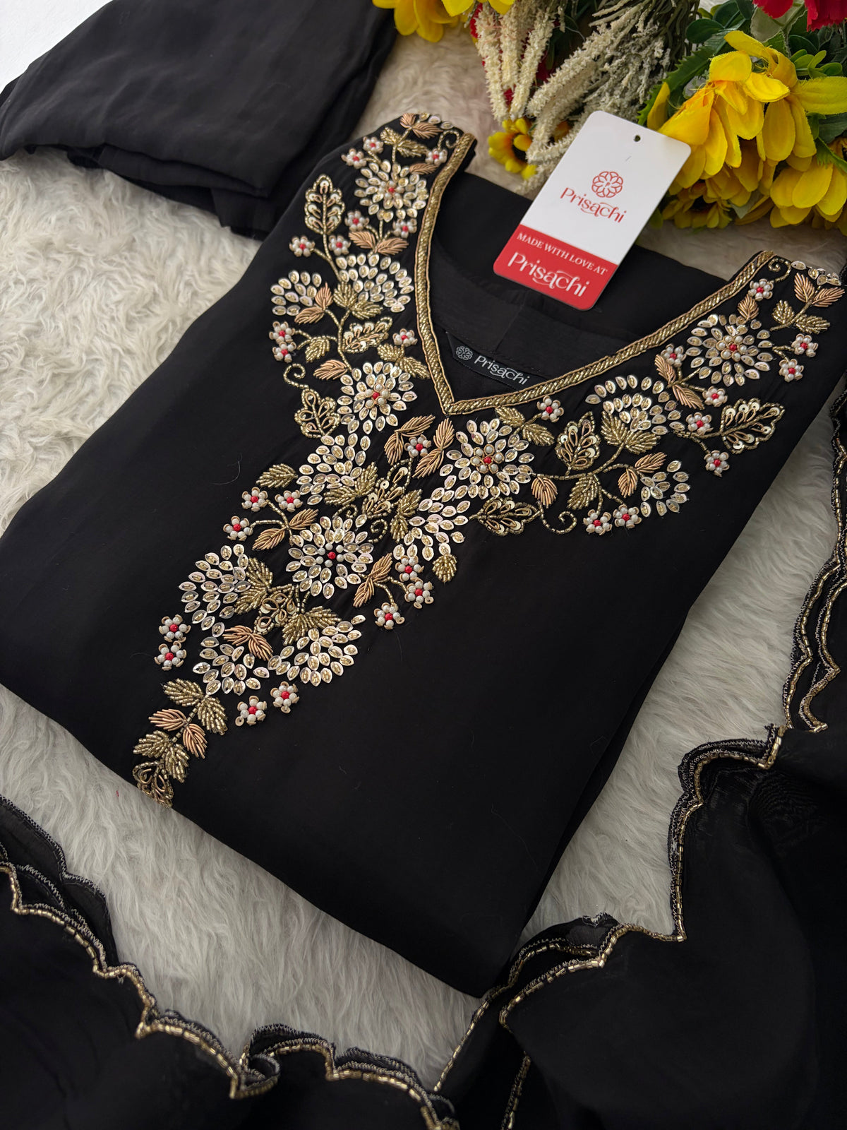 Black Embroidered Kurta Set for Women with Pants & Dupatta | Traditional Festive Wear