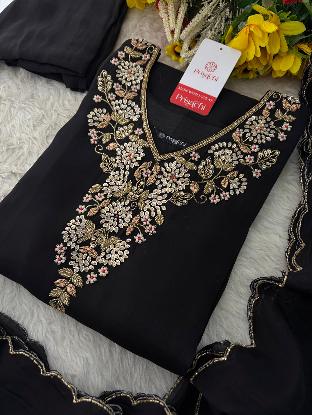 Black Embroidered Kurta Set for Women with Pants & Dupatta | Traditional Festive Wear