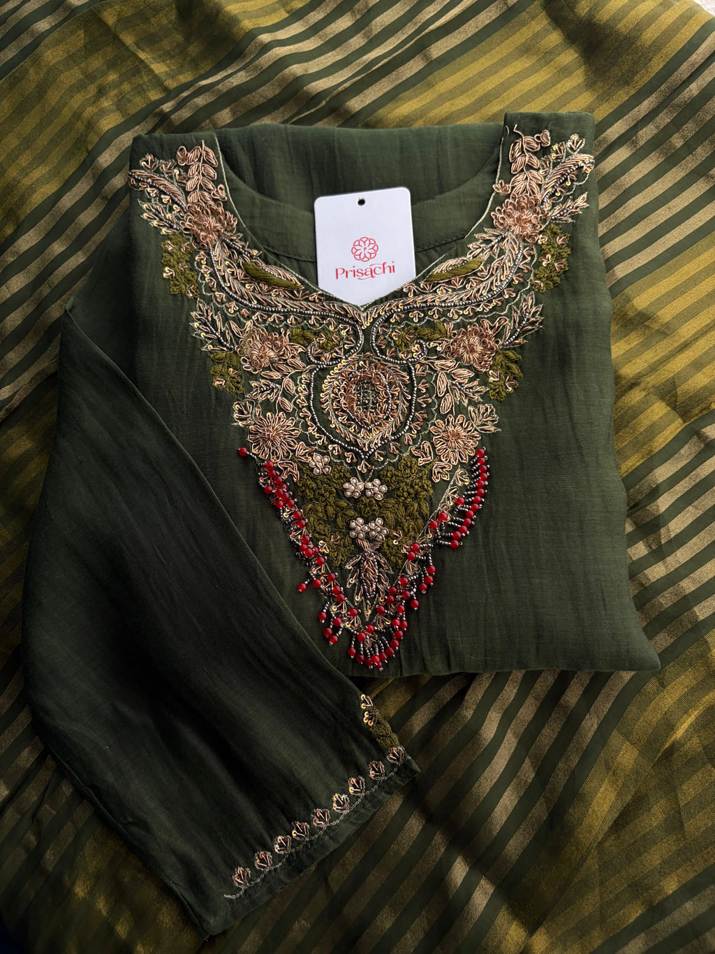 Brown Designer Embroidered Ethnic A-Line Kurta Set with Pants & Dupatta
