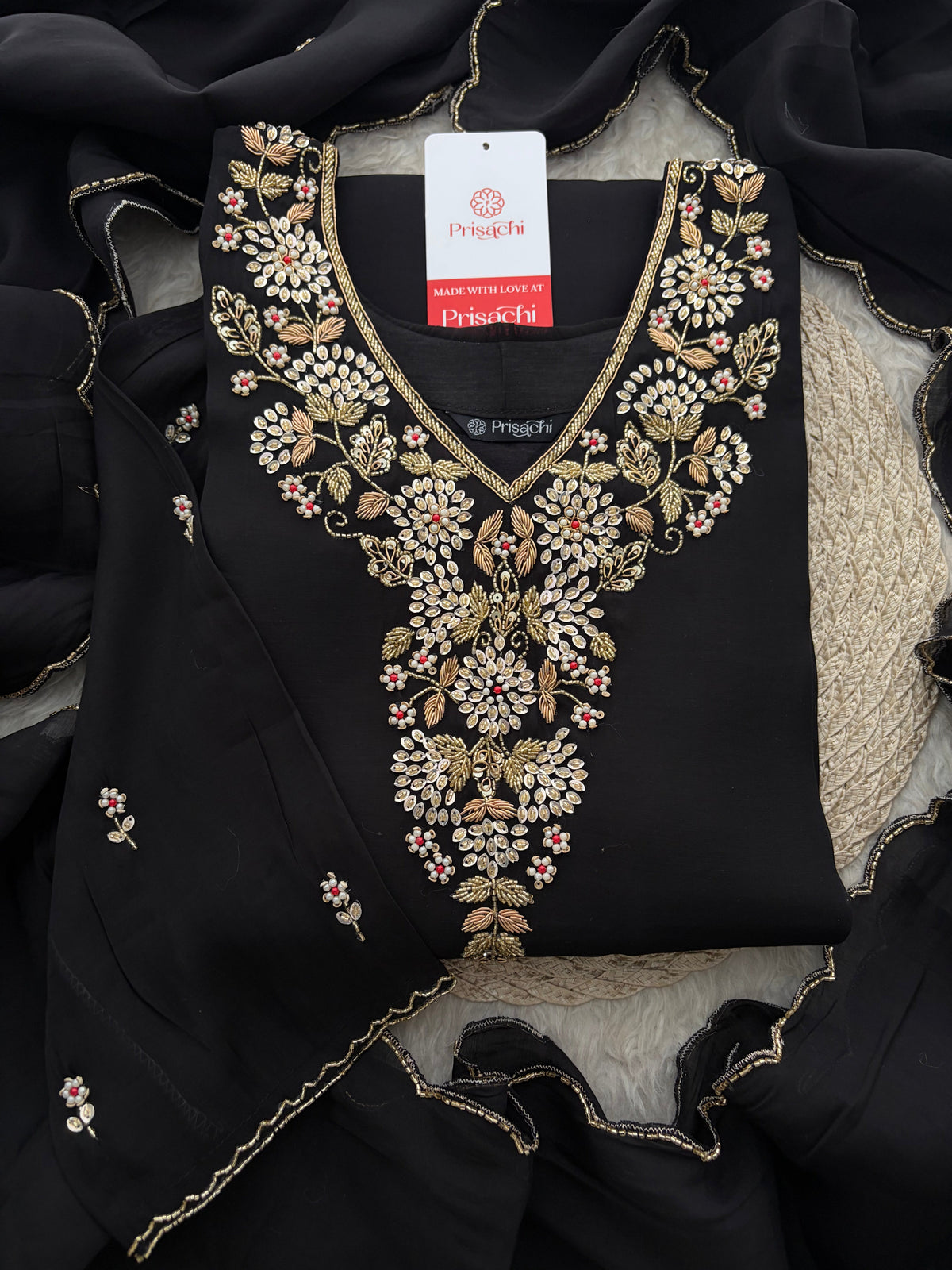 Black Embroidered Kurta Set for Women with Pants & Dupatta | Traditional Festive Wear