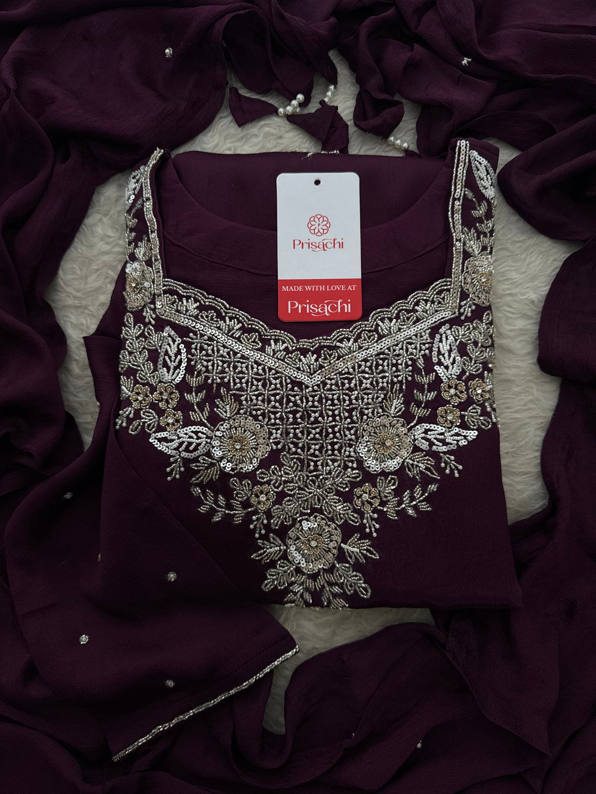 Wine Embroidered Kurti Sharara Suit Set with Dupatta for Women