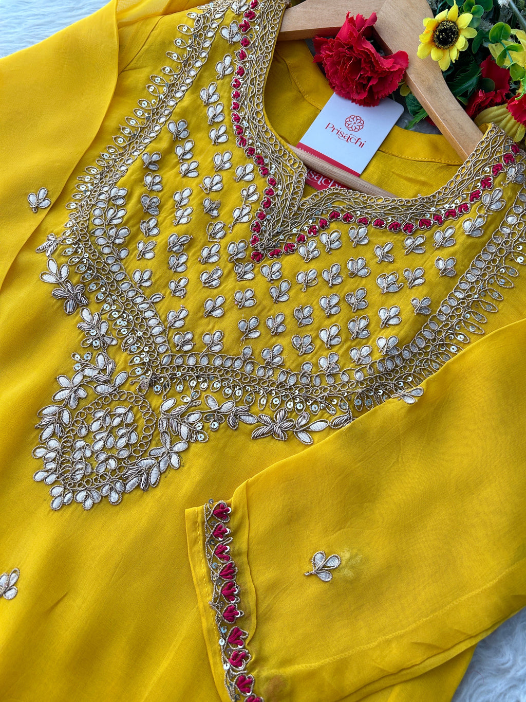 Yellow Embroidered Kurta Set with Pants & Pink Dupatta for Women | Designer Ethnic Wear