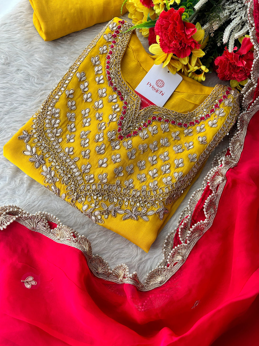 Yellow Embroidered Kurta Set with Pants & Pink Dupatta for Women | Designer Ethnic Wear