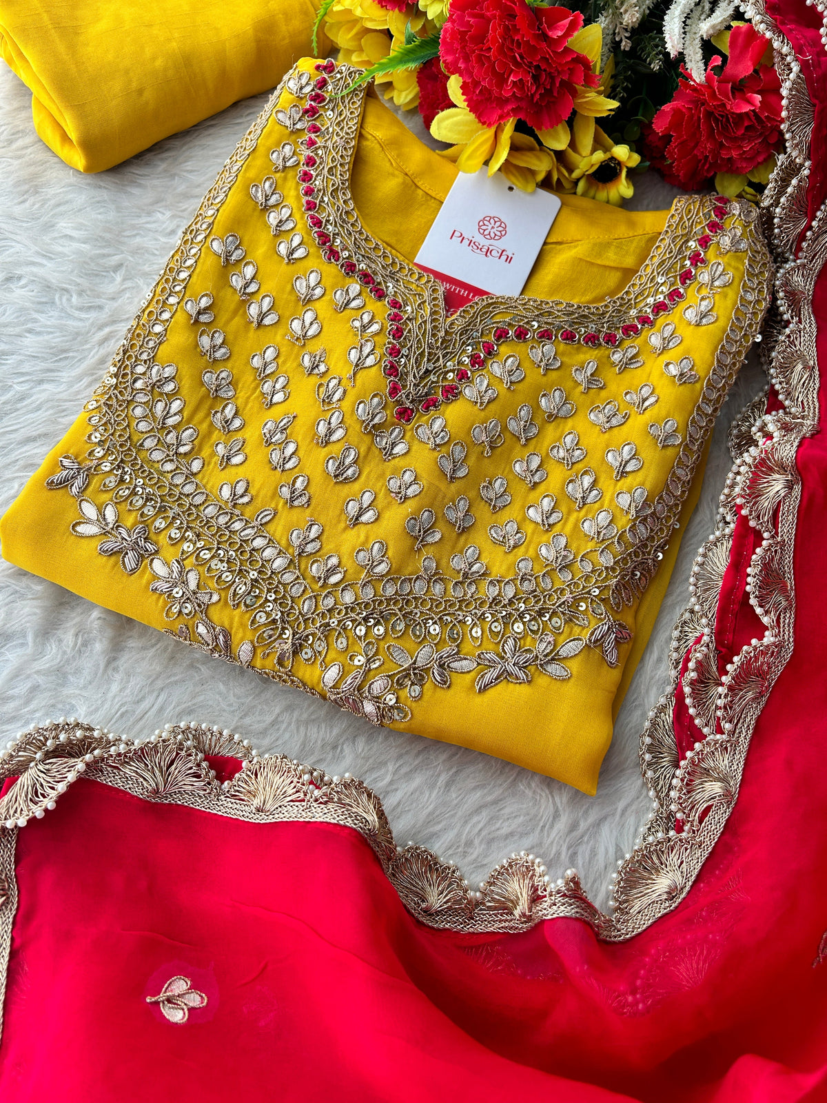 Yellow Embroidered Kurta Set with Pants & Pink Dupatta for Women | Designer Ethnic Wear