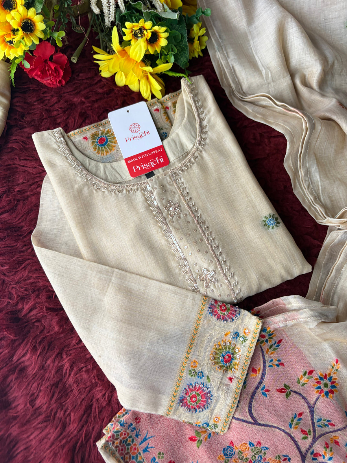 Off White Ethnic embroidered kurta set with Dupatta and Pants