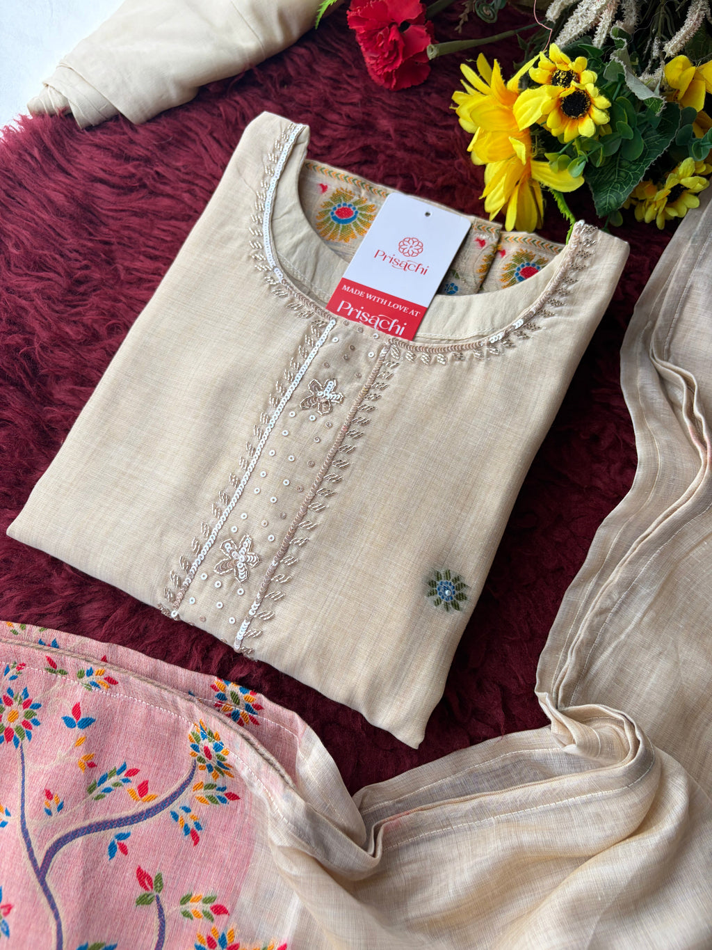 Off White Ethnic embroidered kurta set with Dupatta and Pants