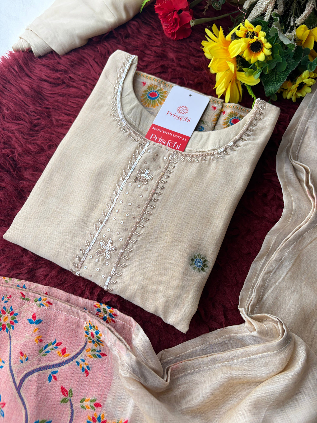 Off White Ethnic embroidered kurta set with Dupatta and Pants