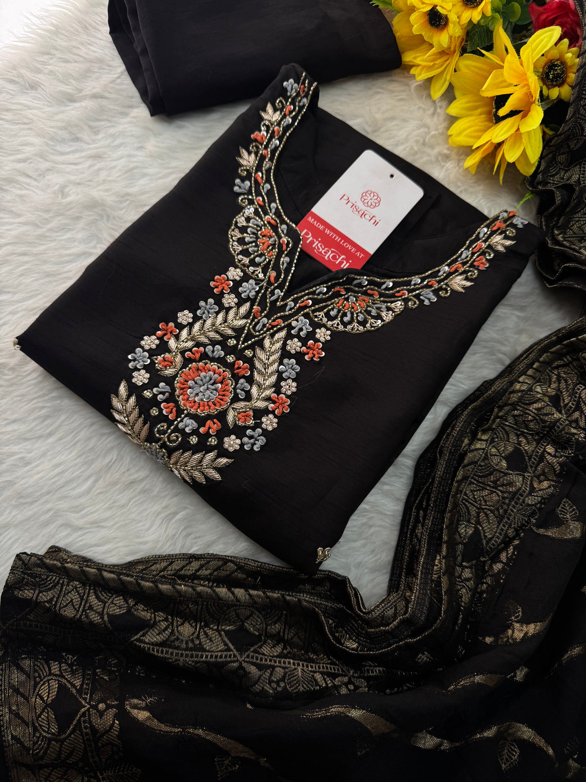 Black Designer Embroidered Kurta set with Banarasi Dupatta with Pant