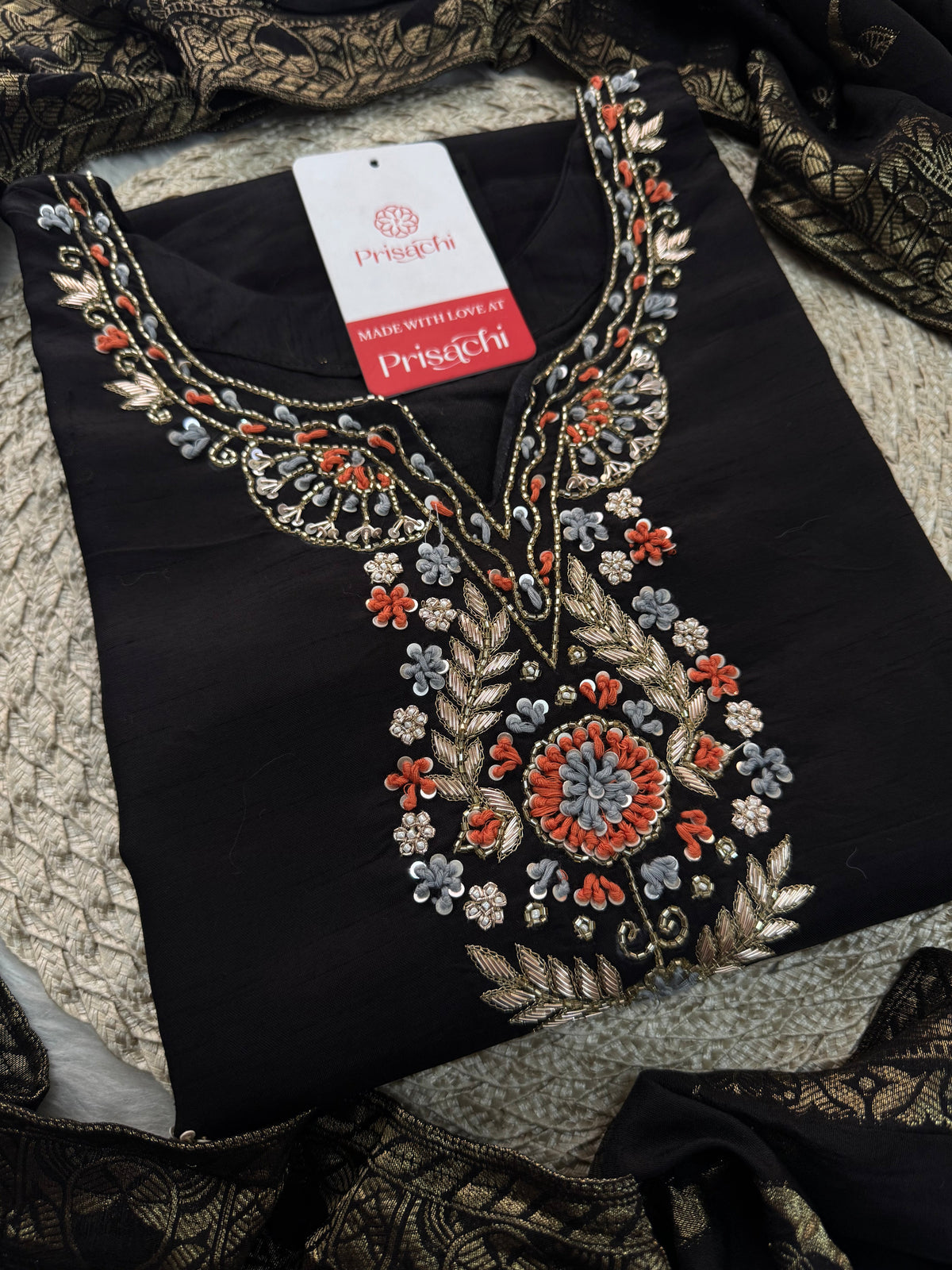 Black Designer Embroidered Kurta set with Banarasi Dupatta with Pant