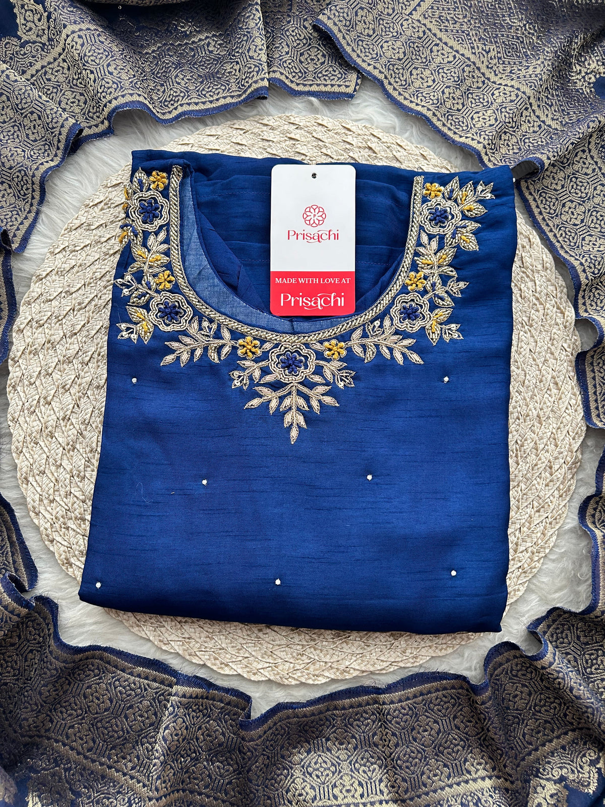 Blue Embroidered Kurta Set with Banarasi Dupatta & Pants | Hand Embroidery Ethnic Suit Set