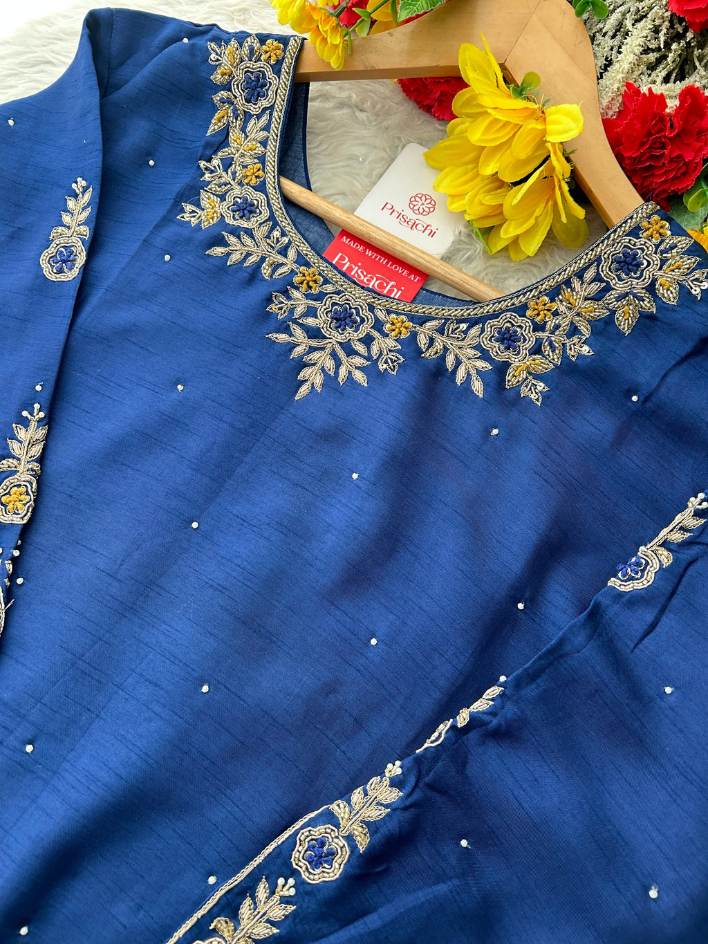 Blue Embroidered Kurta Set with Banarasi Dupatta & Pants | Hand Embroidery Ethnic Suit Set