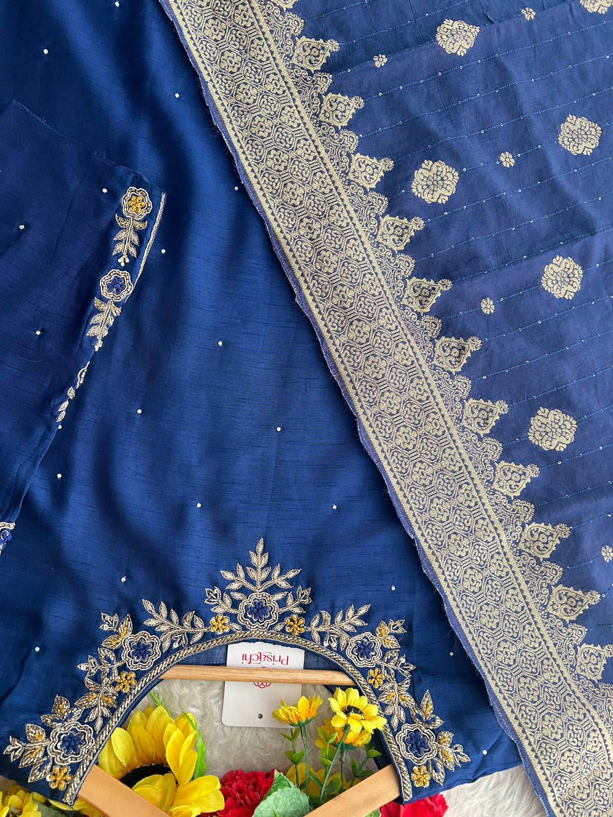 Blue Embroidered Kurta Set with Banarasi Dupatta & Pants | Hand Embroidery Ethnic Suit Set