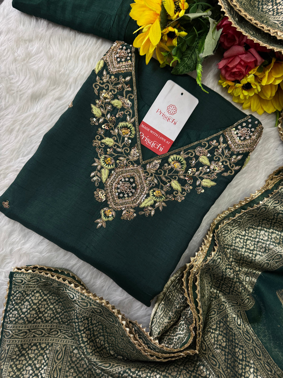 Green Designer Embroidered Kurta set with Pant and Banarasi Dupatta