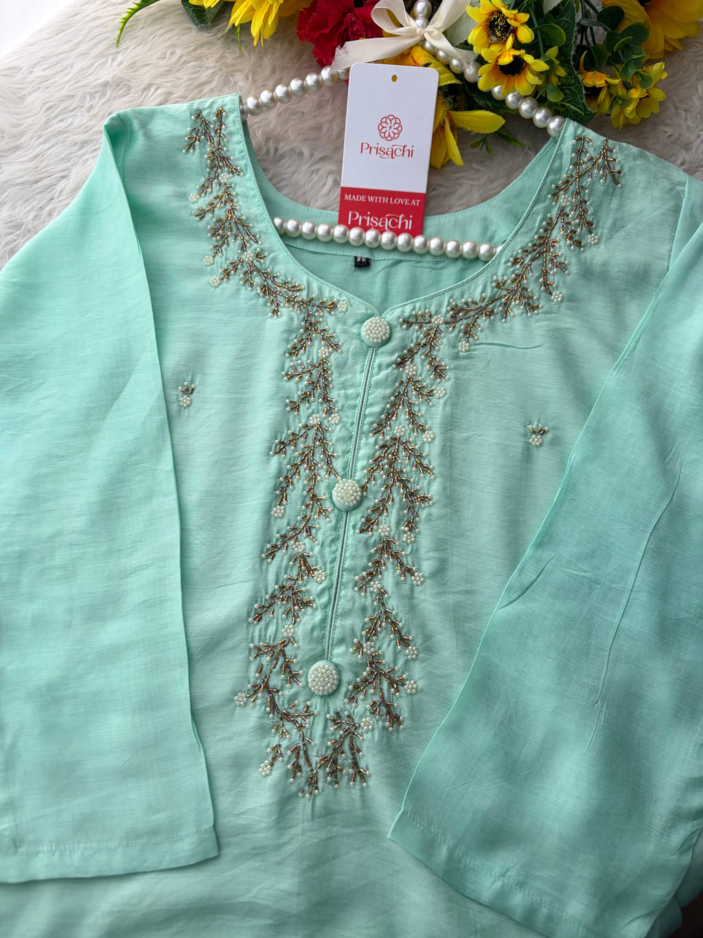 Mint Green Zardozi Embroidered Kurta Set for Women with Pants & Dupatta | Traditional Ethnic wear