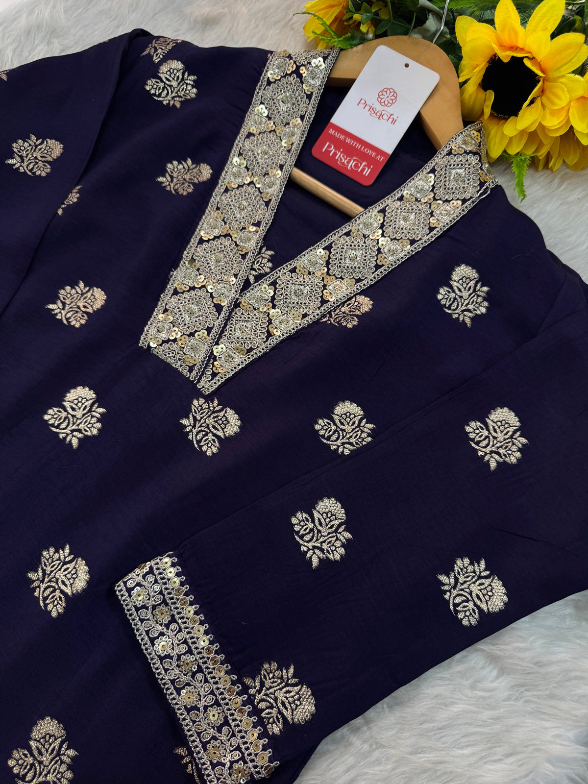 Purple Designer Embroidered Ethnic Kurta set with Pants & Banarasi Dupatta