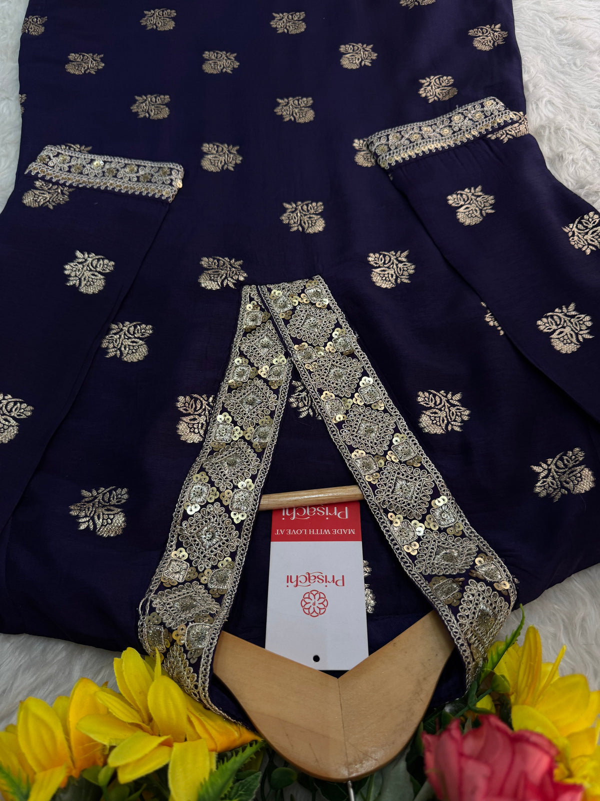 Purple Designer Embroidered Ethnic Kurta set with Pants & Banarasi Dupatta
