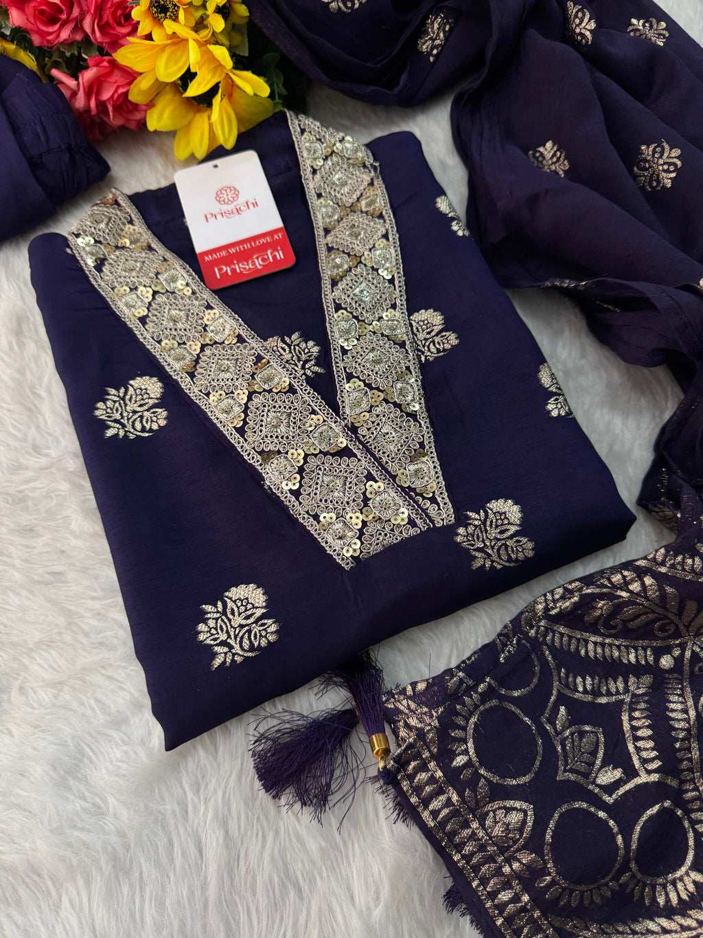 Purple Designer Embroidered Ethnic Kurta set with Pants & Banarasi Dupatta