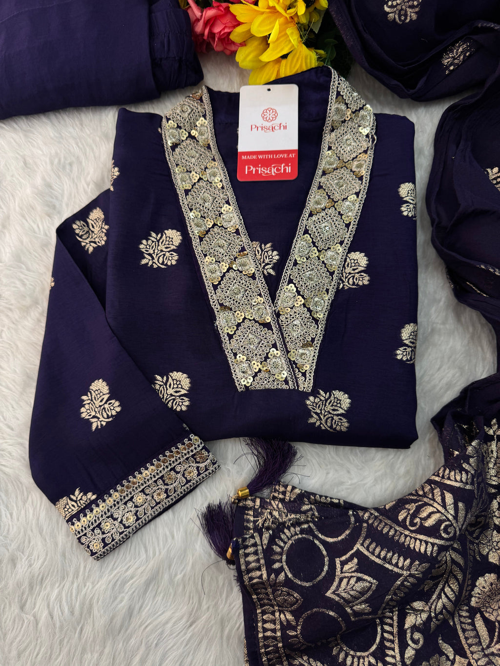 Purple Designer Embroidered Ethnic Kurta set with Pants & Banarasi Dupatta