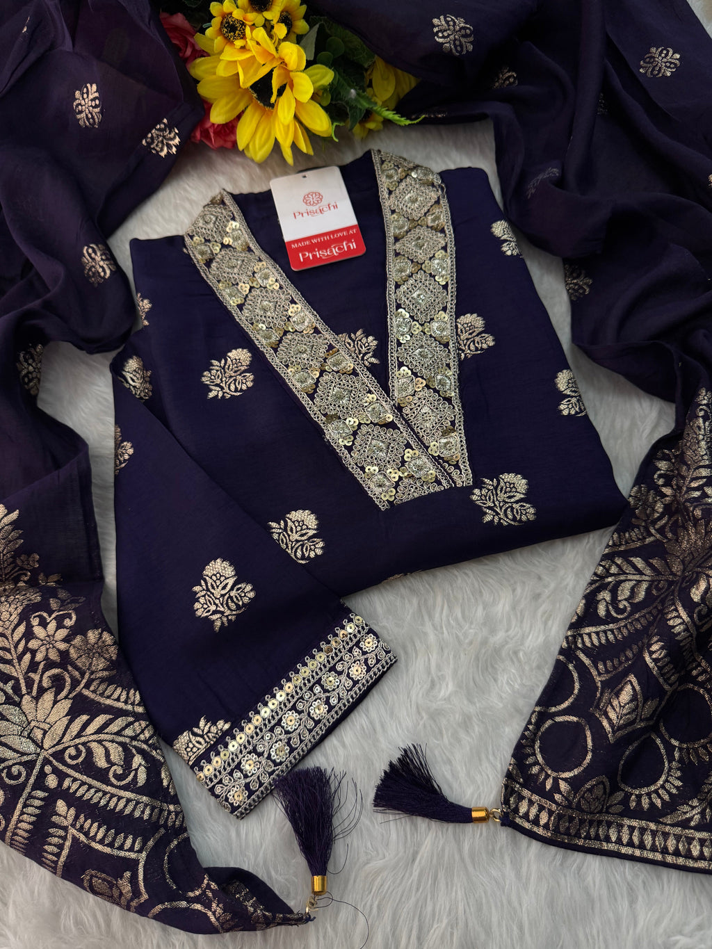 Purple Designer Embroidered Ethnic Kurta set with Pants & Banarasi Dupatta