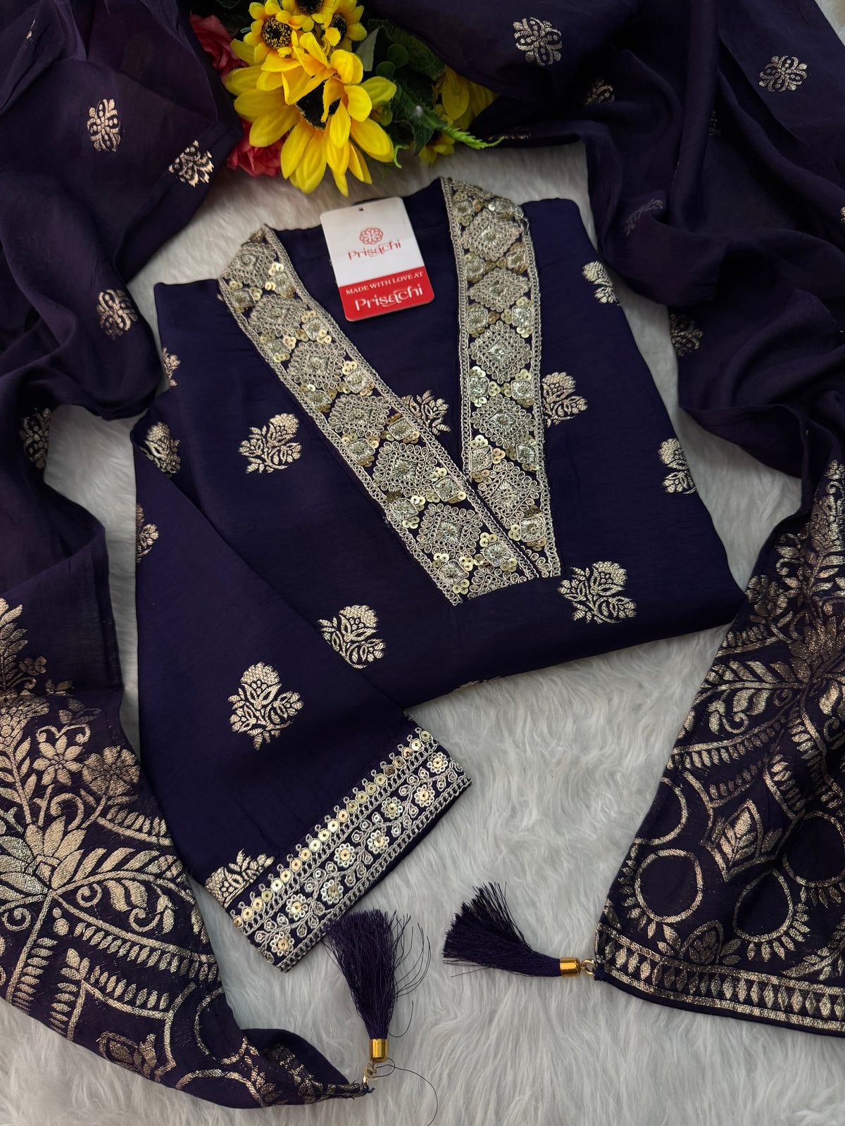 Purple Designer Embroidered Ethnic Kurta set with Pants & Banarasi Dupatta
