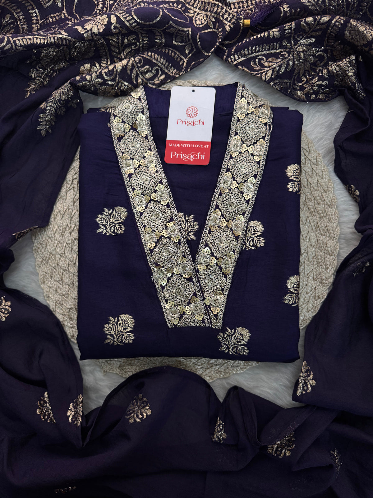 Purple Designer Embroidered Ethnic Kurta set with Pants & Banarasi Dupatta