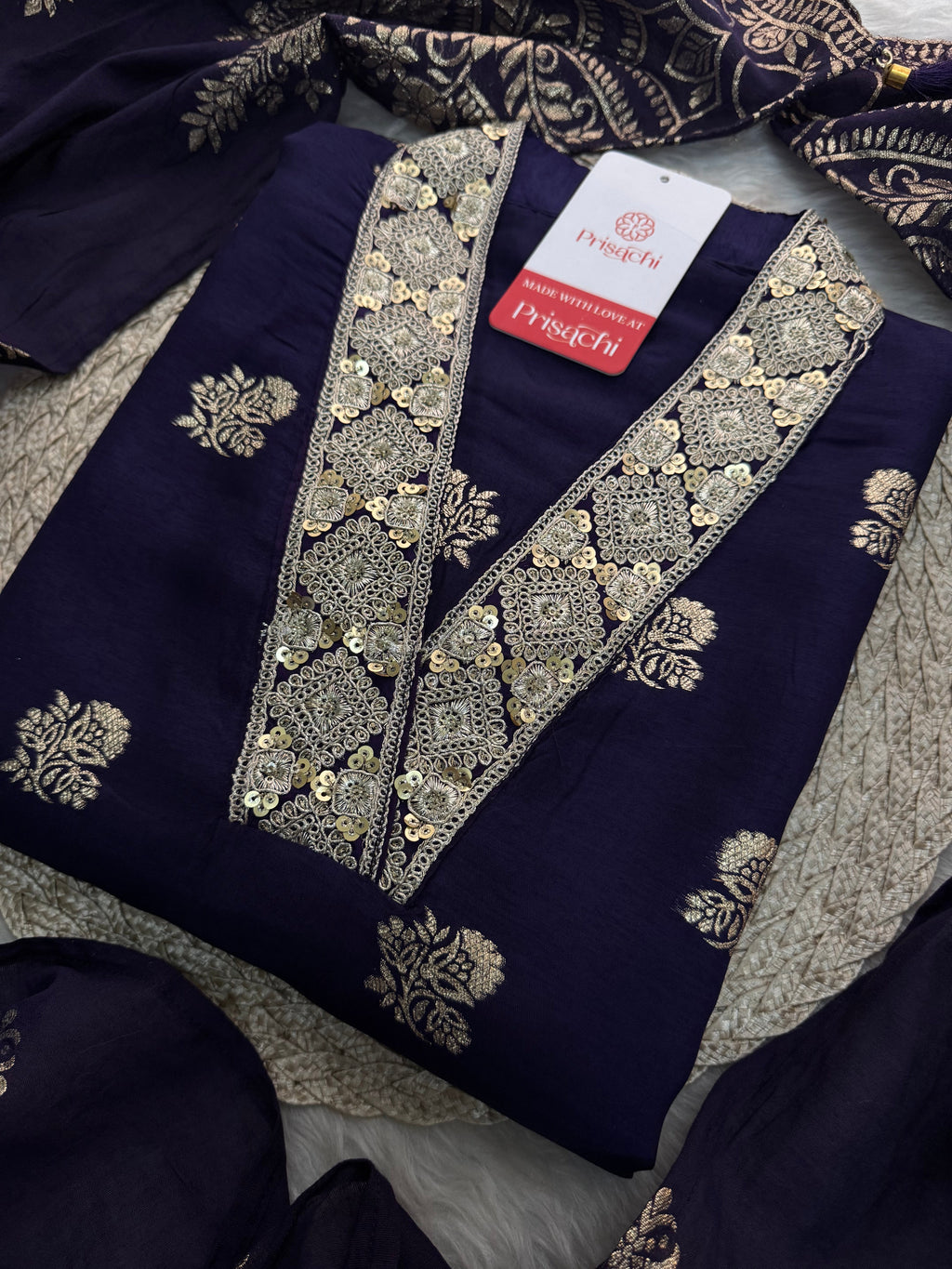 Purple Designer Embroidered Ethnic Kurta set with Pants & Banarasi Dupatta